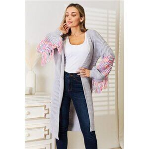 Woven Right Fringe Sleeve Dropped Shoulder Cardigan